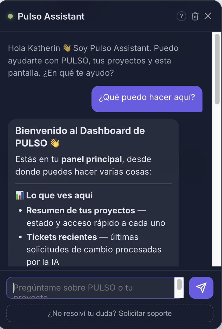 Captura de pantalla del asistente conversacional Quick Ticket de PULSO